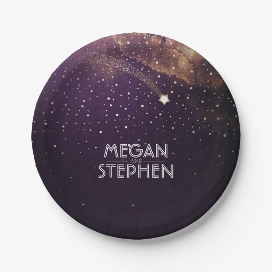 金ゴールドおよびプラム流星夜結婚式 ペーパープレート (正面)
