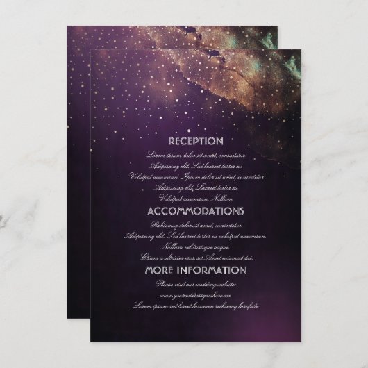 金ゴールドおよびプラム紫色夜結婚式情報 エンクロージャーカード (正面/裏面)