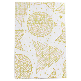 金ゴールドおよびホワイトクリスマスパターンギフトバッグ ミディアムペーパーバッグ