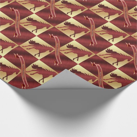 金ゴールドおよびワインの馬のメリークリスマス ラッピングペーパー (角)