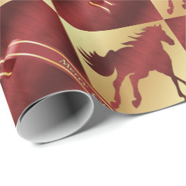 金ゴールドおよびワインの馬のメリークリスマスLg。 プリント ラッピングペーパー