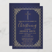 金ゴールドおよび海軍ヴィンテージの書道の《キリスト教》洗礼式や命名式 招待状 (正面/裏面)