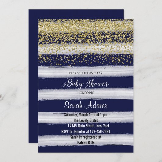 金ゴールドおよび海軍水彩画のベビーシャワーの招待状 招待状 (正面/裏面)