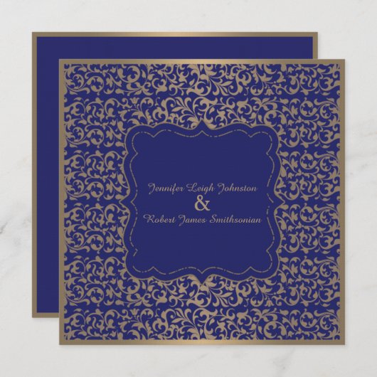 金ゴールドおよび濃紺の線条細工の結婚式招待状 招待状 (正面/裏面)