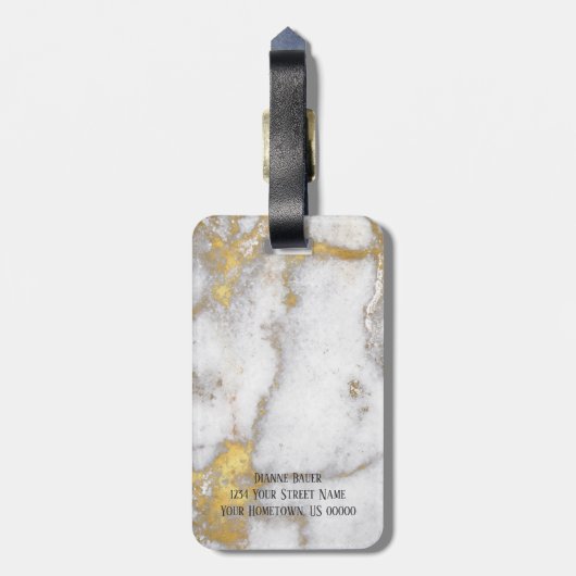 金ゴールドおよび灰色の大理石パターンモノグラム ラゲッジタグ (裏面縦)