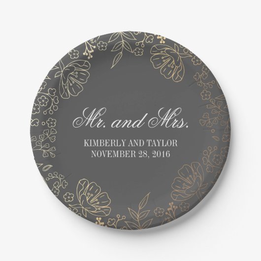 金ゴールドおよび灰色の花のリースのヴィンテージの結婚 ペーパープレート (正面)