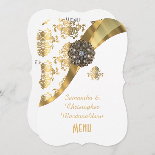 金ゴールドおよび白いダマスク織の結婚式メニュー メニュー (正面/裏面)