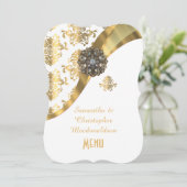 金ゴールドおよび白いダマスク織の結婚式メニュー メニュー (スタンド正面)