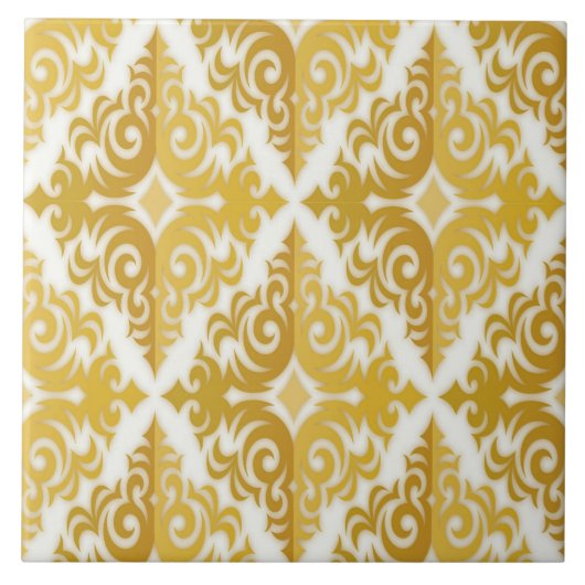 金ゴールドおよび白い壁紙のダマスク織 タイル (正面)
