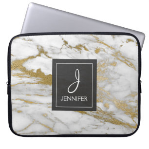 金ゴールドおよび白い大理石のエレガントなモノグラム ラップトップスリーブ