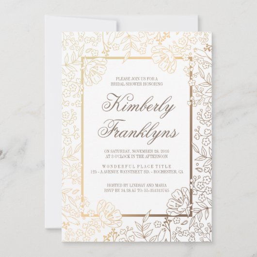 金ゴールドおよび白い花のヴィンテージのブライダルシャワー 招待状 (正面)