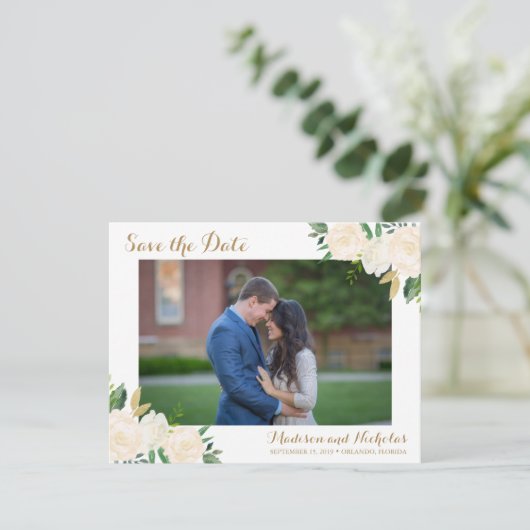 金ゴールドおよび白い花の写真は日付カードを救います セーブザデート (スタンド正面)