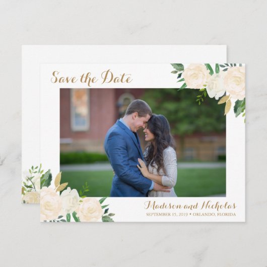 金ゴールドおよび白い花の写真は日付カードを救います セーブザデート (正面/裏面)