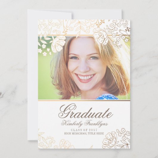 金ゴールドおよび白い花の卒業 招待状 (正面)