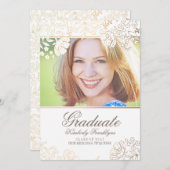 金ゴールドおよび白い花の卒業 招待状 (正面/裏面)