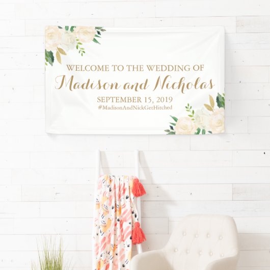 金ゴールドおよび白い花の結婚式の旗の装飾 横断幕 (インサイチュ)