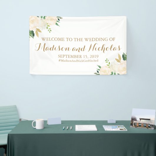 金ゴールドおよび白い花の結婚式の旗の装飾 横断幕 (トレードショー)