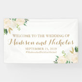 金ゴールドおよび白い花の結婚式の旗の装飾 横断幕 (横)