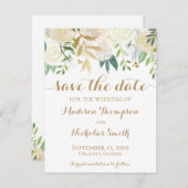 金ゴールドおよび白い花の結婚式は日付カードを救います セーブザデート (正面/裏面)