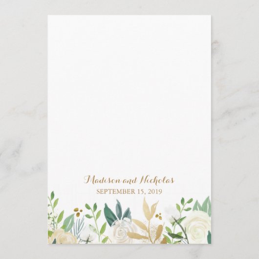 金ゴールドおよび白い花の結婚式メニューカード メニュー (裏面)