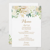 金ゴールドおよび白い花の結婚式メニューカード メニュー (正面/裏面)