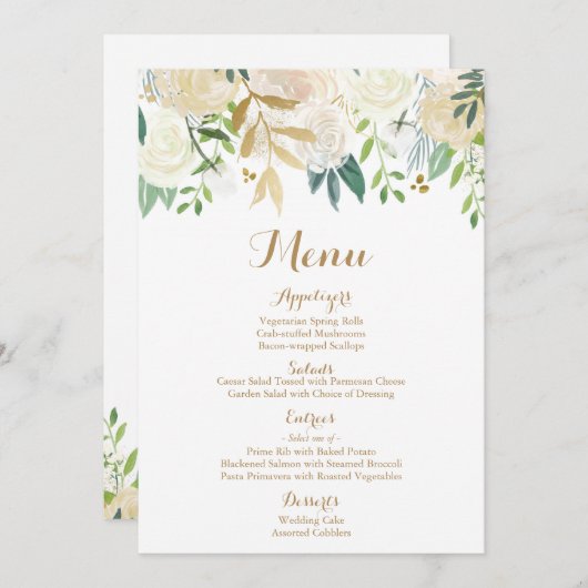 金ゴールドおよび白い花の結婚式メニューカード メニュー (正面/裏面)