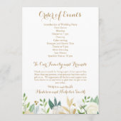 金ゴールドおよび白い花の結婚披露宴プログラム プログラム (裏面)