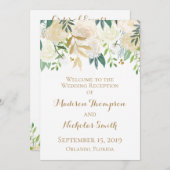 金ゴールドおよび白い花の結婚披露宴プログラム プログラム (正面/裏面)