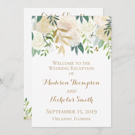 金ゴールドおよび白い花の結婚披露宴プログラム プログラム (正面/裏面)