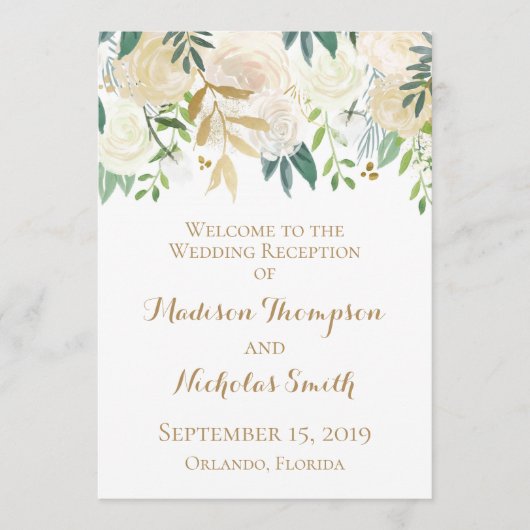 金ゴールドおよび白い花の結婚披露宴プログラム プログラム (正面)