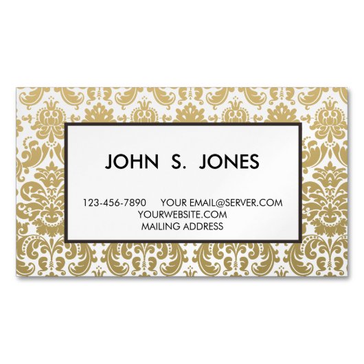 金ゴールドおよび白くエレガントなダマスク織パターン マグネット名刺 (正面)