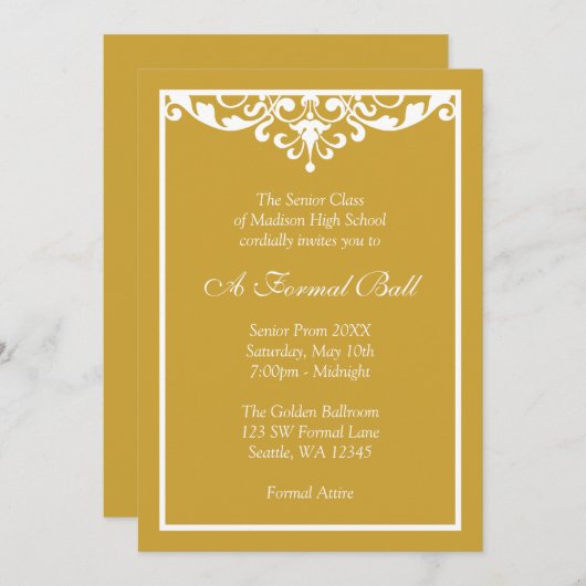 金ゴールドおよび白の華麗さのフォーマルなプロムのダンスの球 招待状 (正面/裏面)