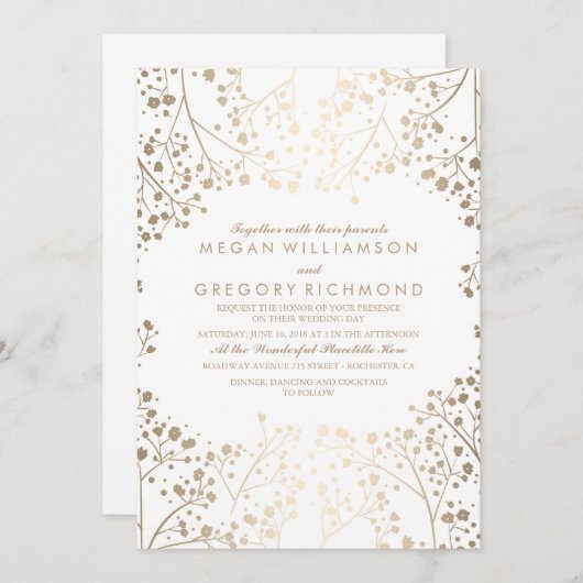 金ゴールドおよび白人のベビーの呼吸花の結婚式 招待状 (正面/裏面)