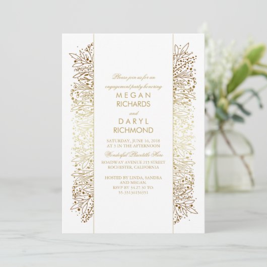 金ゴールドおよび白人の花のヴィンテージの婚約パーティ 招待状 (スタンド正面)