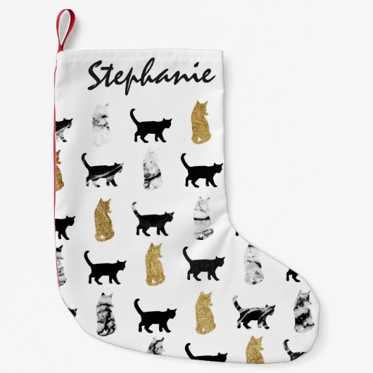 金ゴールドおよび白黒大理石の子猫猫 スモールクリスマスストッキング (正面)