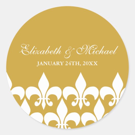 金ゴールドおよび白(紋章の)フラ・ダ・リ結婚式の引き出物ラベル ラウンドシール (正面)
