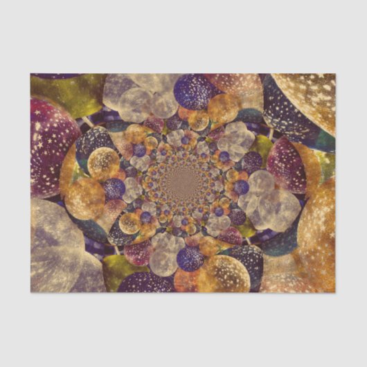 金ゴールドおよび紫色の気球の織り目加工の万華鏡のように千変万化するパターン 薄葉紙 (正面)