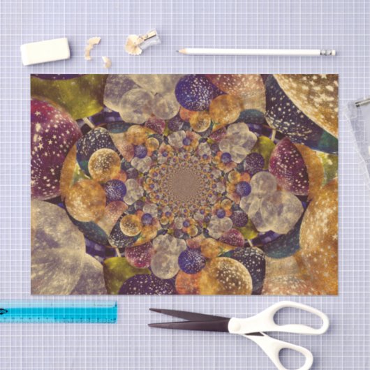 金ゴールドおよび紫色の気球の織り目加工の万華鏡のように千変万化するパターン 薄葉紙 (クラフト)