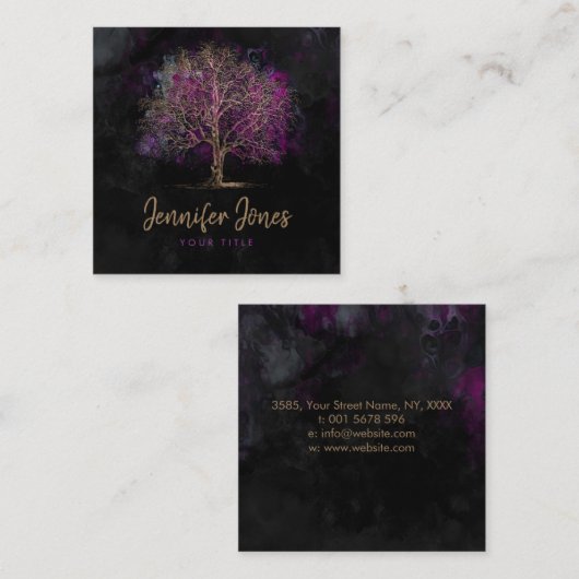 金ゴールドおよび紫色の水彩画の木 スクエア名刺 (正面/裏面)