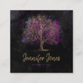 金ゴールドおよび紫色の水彩画の木 スクエア名刺 (正面)