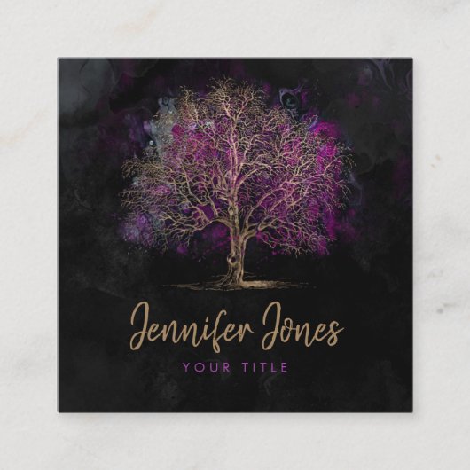 金ゴールドおよび紫色の水彩画の木 スクエア名刺 (正面)