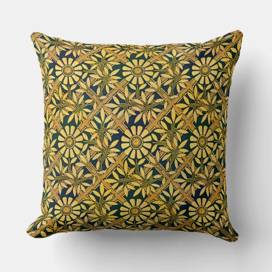 金ゴールドおよび緑の格子垣のはっきりしたな《植物》百日草 クッション (正面)