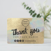 金ゴールドおよび虹色グリッターテクスチャ サンキューカード (スタンド正面)