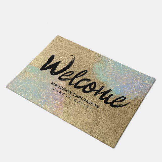 金ゴールドおよび虹色グリッターテクスチャ ドアマット (アングル)