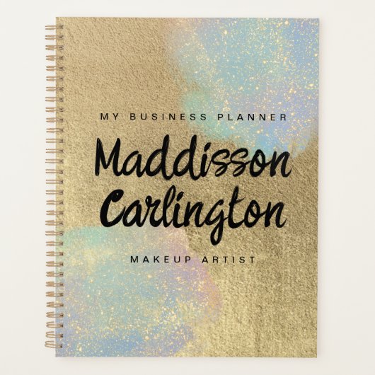 金ゴールドおよび虹色グリッターテクスチャ プランナー手帳 (正面)