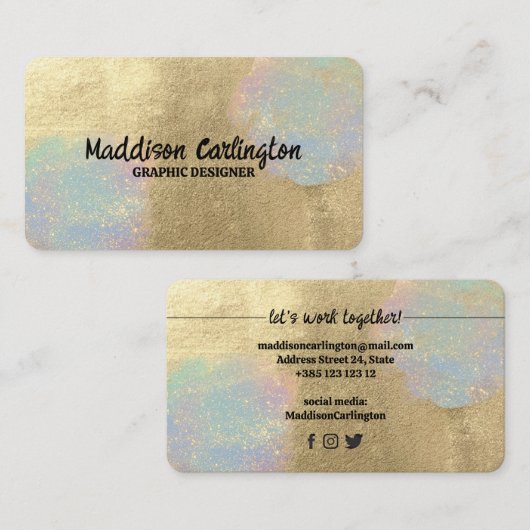 金ゴールドおよび虹色グリッターテクスチャ 名刺 (正面/裏面)