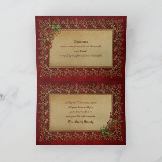 金ゴールドおよび赤いダマスク織のヴィンテージのクリスマスを信じて下さい シーズンカード (内部)