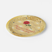 金ゴールドおよび赤いバラのプリンセスのパーティー ペーパープレート (アングル)