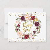 金ゴールドおよび赤いMarsalaの花柄のサンキューカード 招待状 (正面)