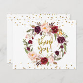 金ゴールドおよび赤いMarsalaの花柄のサンキューカード 招待状 (正面/裏面)